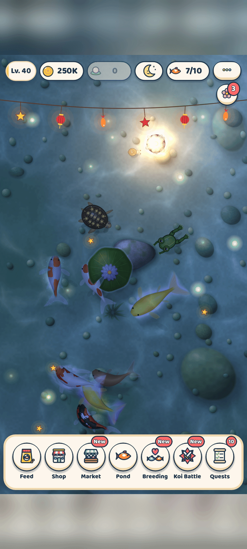 Koiyume auf einem Handy: der Teich bei Nacht unter Laternen